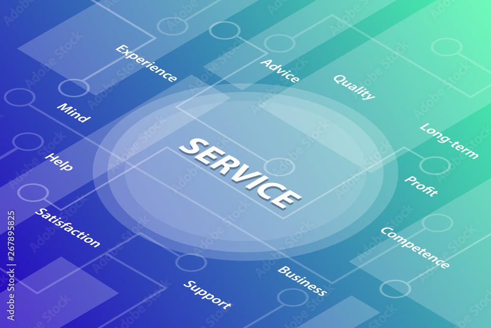 Poster service business words isometric 3d word text concept with some related text and dot connected - vec