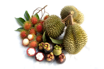 rambutan with leaf durian and mangosteen isolated on white background