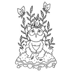 Cute little panda bear sitting in a meadow and butterflies are flying around.