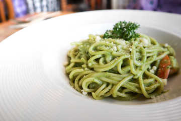 Spaghetti with homemade pesto sauce,food concept.