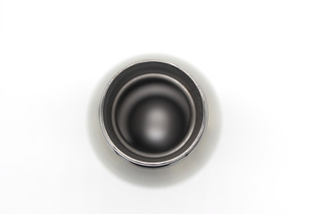 Close up silver stainless water bottle isolated on white background.