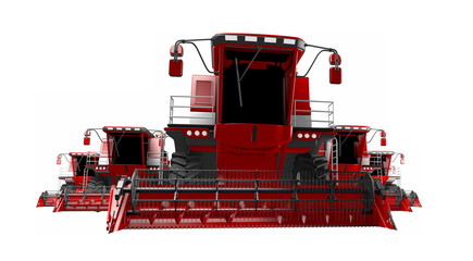some red rye agricultural combine harvesters isolated on white background - farm machine, industrial 3D illustration