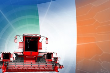 Farm machinery modernisation concept, red modern grain combine harvesters on Ireland flag - digital industrial 3D illustration