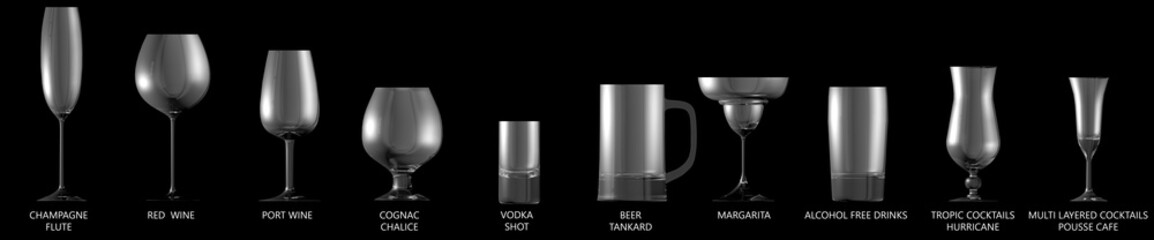 3D illustration of large collection of different glasses for strong alcohol drinks and cocktails isolated on black, side view - drinking glass render