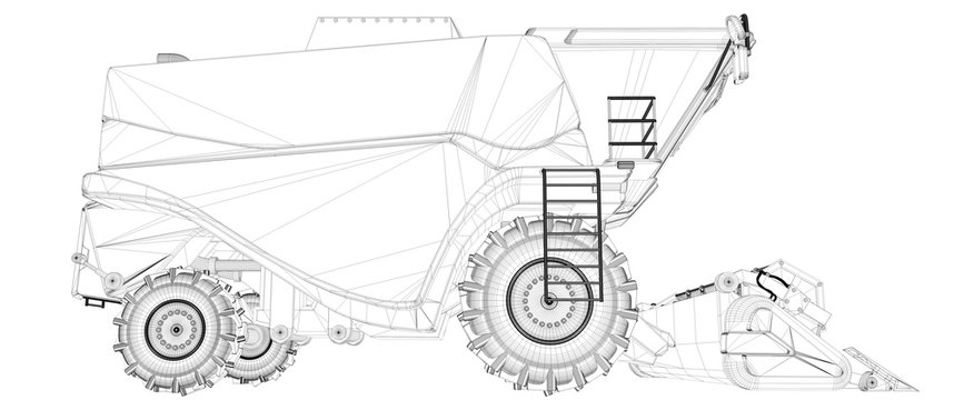 Thin contoured, detailed 3D model of rye agricultural combine harvester isolated on white, agricultural machine research concept - industrial 3D illustration