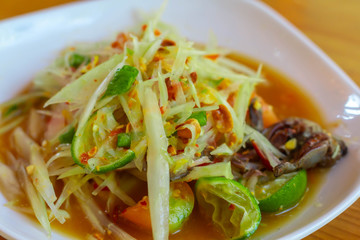 Green papaya salad Thai cuisine spicy delicious. Thai call som tam. Famous Thai food, Papaya Thai Green Papaya Salad with peanuts. 