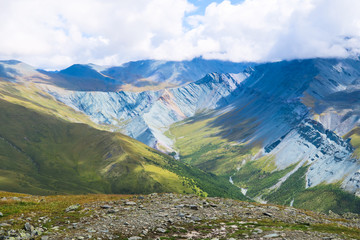 Picturesque mountain meadows view of the Yarloo valley and Akkem River, Altai Mountains, Russia