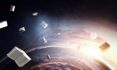 Deep space beauty. Planet orbit and flying books.