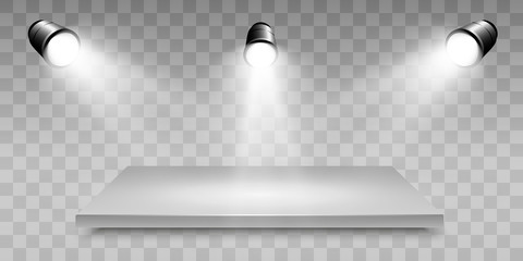 Realistic 3d Light Box with platform background for design performance, show, exhibition. Vector illustration of Lightbox Studio Interior. Podium with spotlights