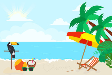 Fototapeta na wymiar ummer Beach Vector Design with Beach Umbrella, Eyeglass, Tropical Birds, Coconut drink and Chair