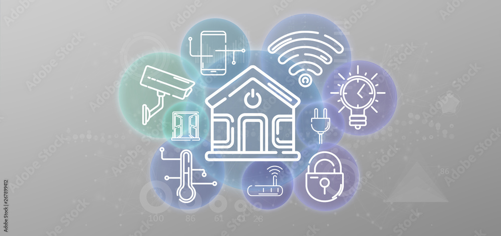 Poster smart home interface with icon, stats and data 3d rendering