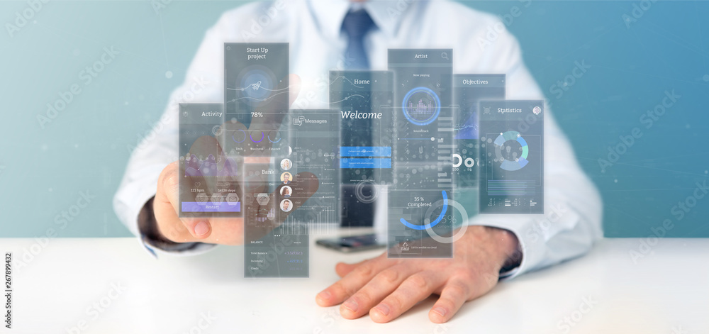 Poster businessman holding user interface screens with icon, stats and data 3d rendering