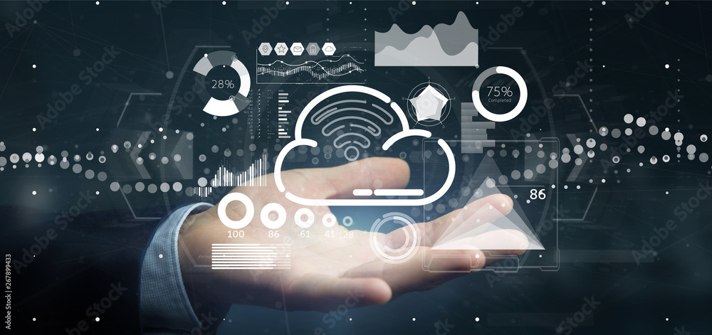 Aufkleber businessman holding cloud and wifi concept with icon, stats and data 3d rendering