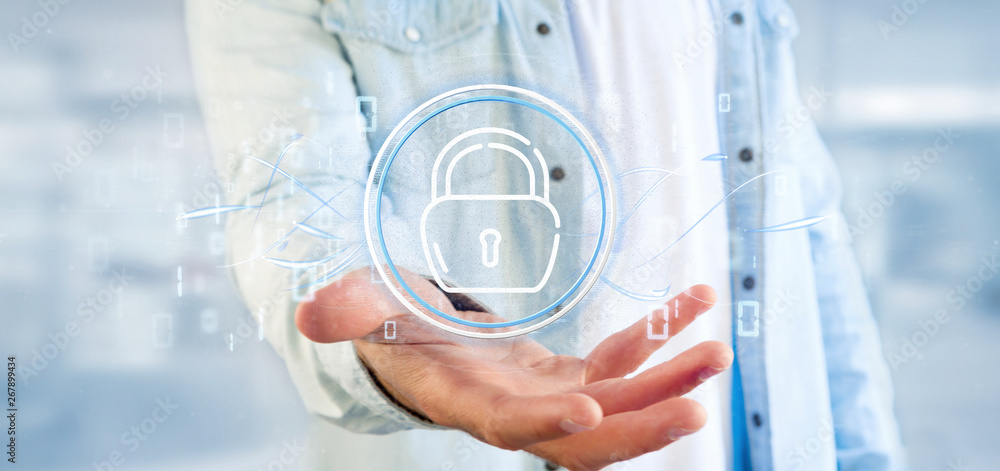 Poster businessman holding security padlock wheel icon with stats and binary code 3d rendering
