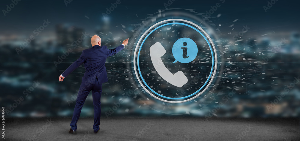 Poster businessman in front of a customer and assistance hotline service button 3d rendering