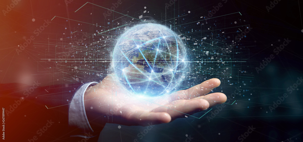 Poster man holding connection around a world globe isolated 3d rendering