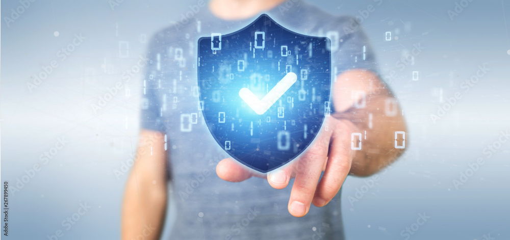 Poster man holding a shield web security concept 3d rendering