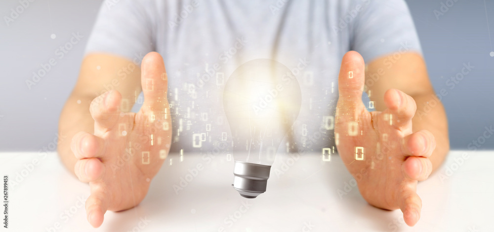 Poster businessman holding a bulb lamp idea concept with data all around 3d rendering