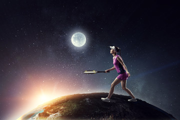 Fototapeta na wymiar Young woman playing tennis. Mixed media