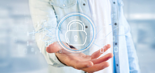 Businessman holding Security padlock wheel icon with stats and binary code 3d rendering