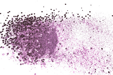 Purple glitter and glittering stars on white background in vintage colors