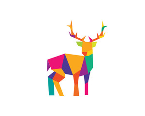 Polygonal Triangular Colorful Deer Logo In White Isolated Background
