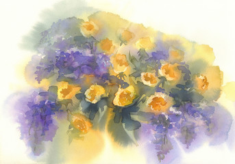 Yellow roses with violet lilac branches watercolor background