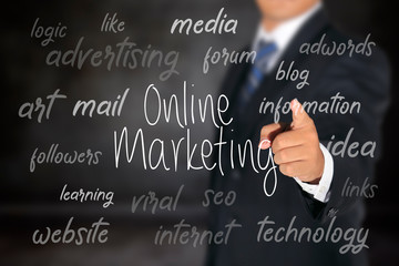Business man pointing commerce on line marketing options