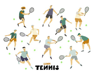 Fototapeta na wymiar Tennis player man set Boy Guys with racket and ball Human figure in motion