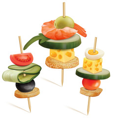Set of Canape. Cheese, tomatoes, shrimp, cucumber, bread, egg, olive. Vector 3D illustration - 267900624