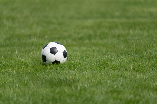 soccer ball on green grass, shallow depth of feald
