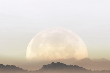 surreal landscape of a gigantic moon that illuminates the mountains