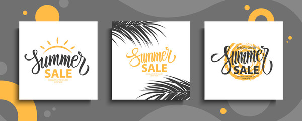 Summer Sale promotional cards set. Summertime seasonal special offer templates with hand lettering, palm leaves and sun for business, seasonal shopping, promotion and advertising. Vector illustration.