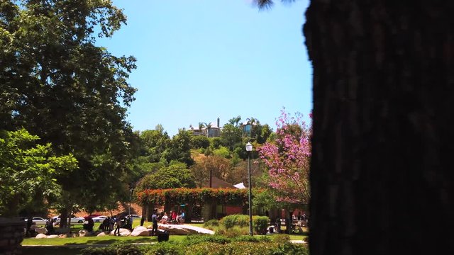 Tracking shot of people playing in a park, a million dollar house, at top of hill, in the background, in Beverly Hills, Los Angeles, California, USA