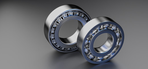 3D rendering. Automotive bearings auto spare parts. Ball bearing on a dark background. Wheel bearing for truck, heavy duty and car.