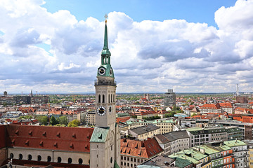 Panoramic view of Munich with the 91 meters high tower of the baroque St. Peter's Church in Munich, commonly known as 'Alter Peter'- Old Pete