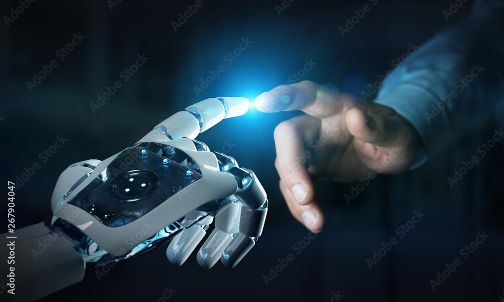 Poster robot hand making contact with human hand on dark background 3d rendering