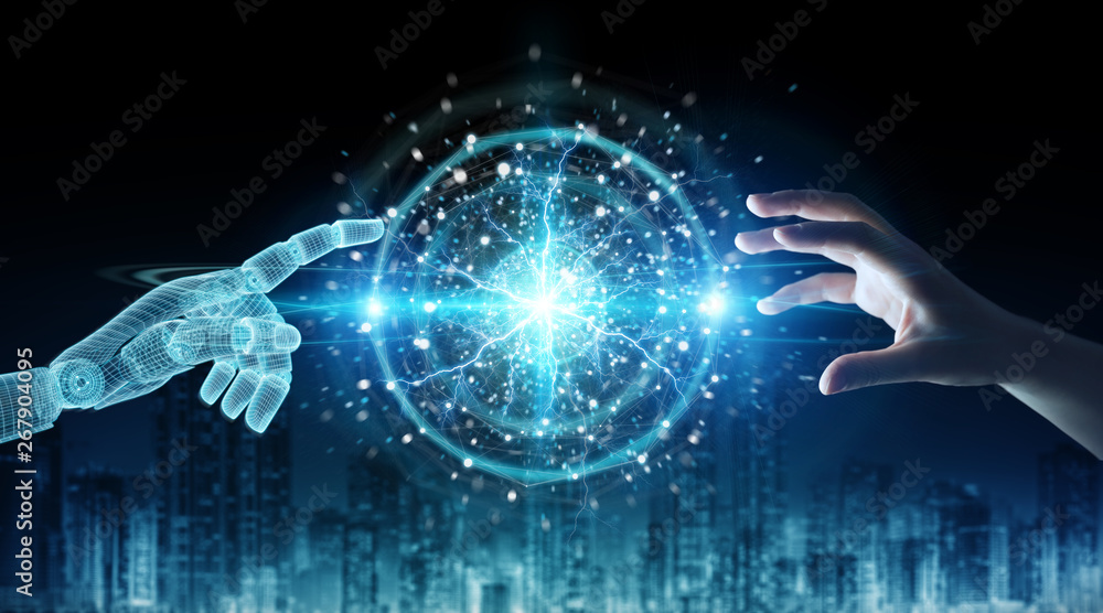 Leinwandbilder wireframed robot hand and human hand touching digital sphere network on dark 3d rendering