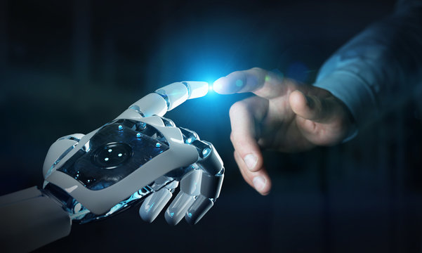 Robot hand making contact with human hand on dark background 3D rendering
