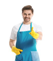 Male janitor showing thumb-up on white background