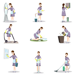 Set of cleaning woman in different poses and home situations