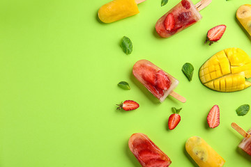Tasty fruit ice cream on color background