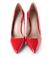 Pair of stylish female shoes on white background