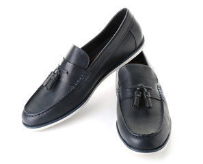 Pair of stylish casual shoes on white background