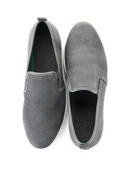 Pair of stylish casual shoes on white background
