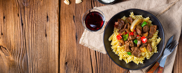 Fussili noodle with klaschise spicy goulash and paprika