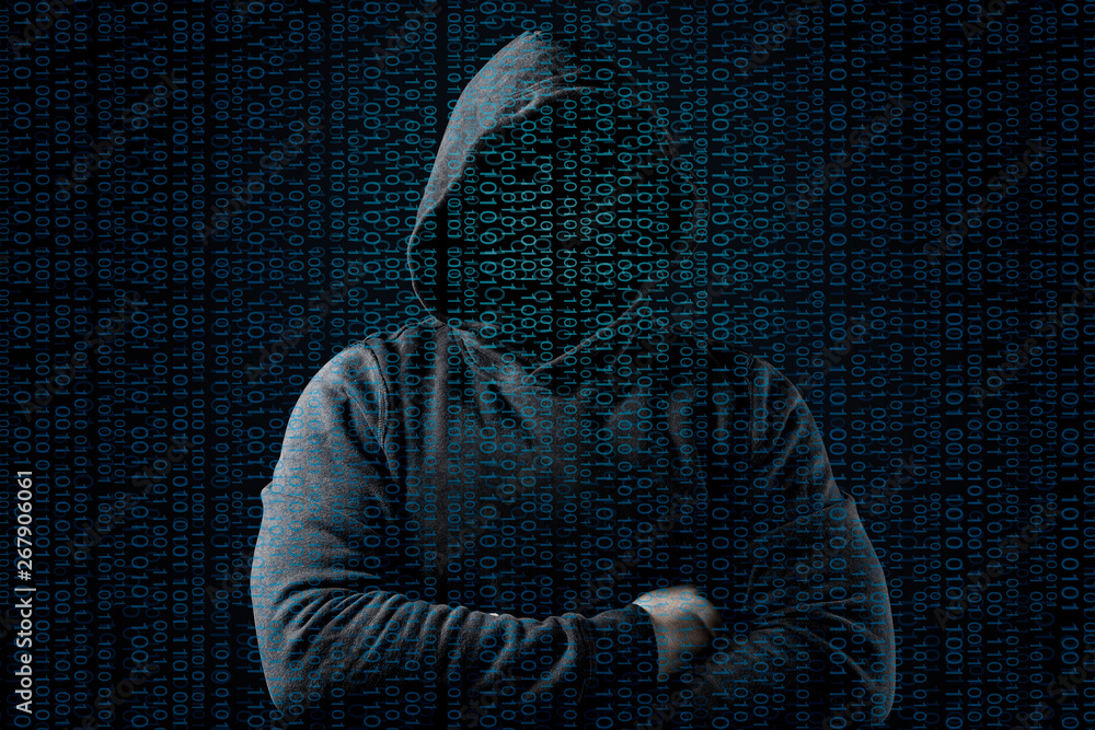 Poster anonymous computer hacker over abstract digital background. obscured dark face in mask and hood. dat