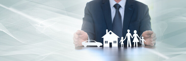 Concept of family, home and car insurance. panoramic banner