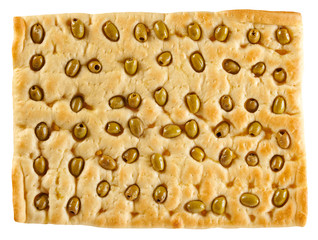 Freshly baked Italian focaccia bread with olives