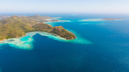 Blue sea and many islands.Ridge of islands in the ocean aerial view.Philippines, Palawan